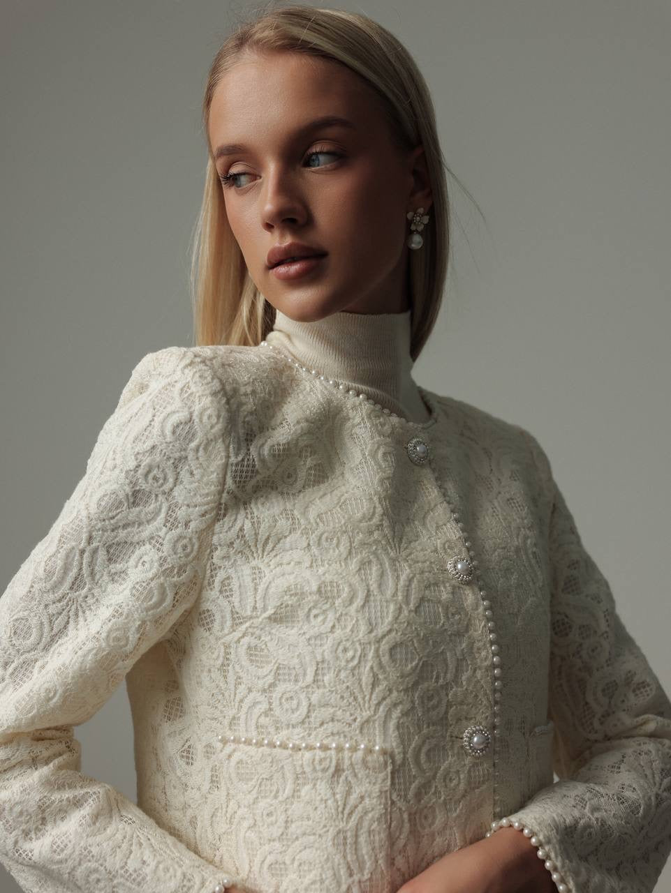 Pearl-Embellished Lace Jacket and Skirt Set