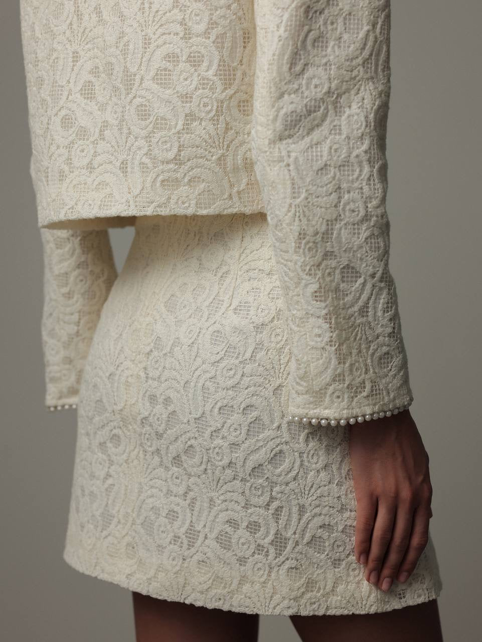 Pearl-Embellished Lace Jacket and Skirt Set