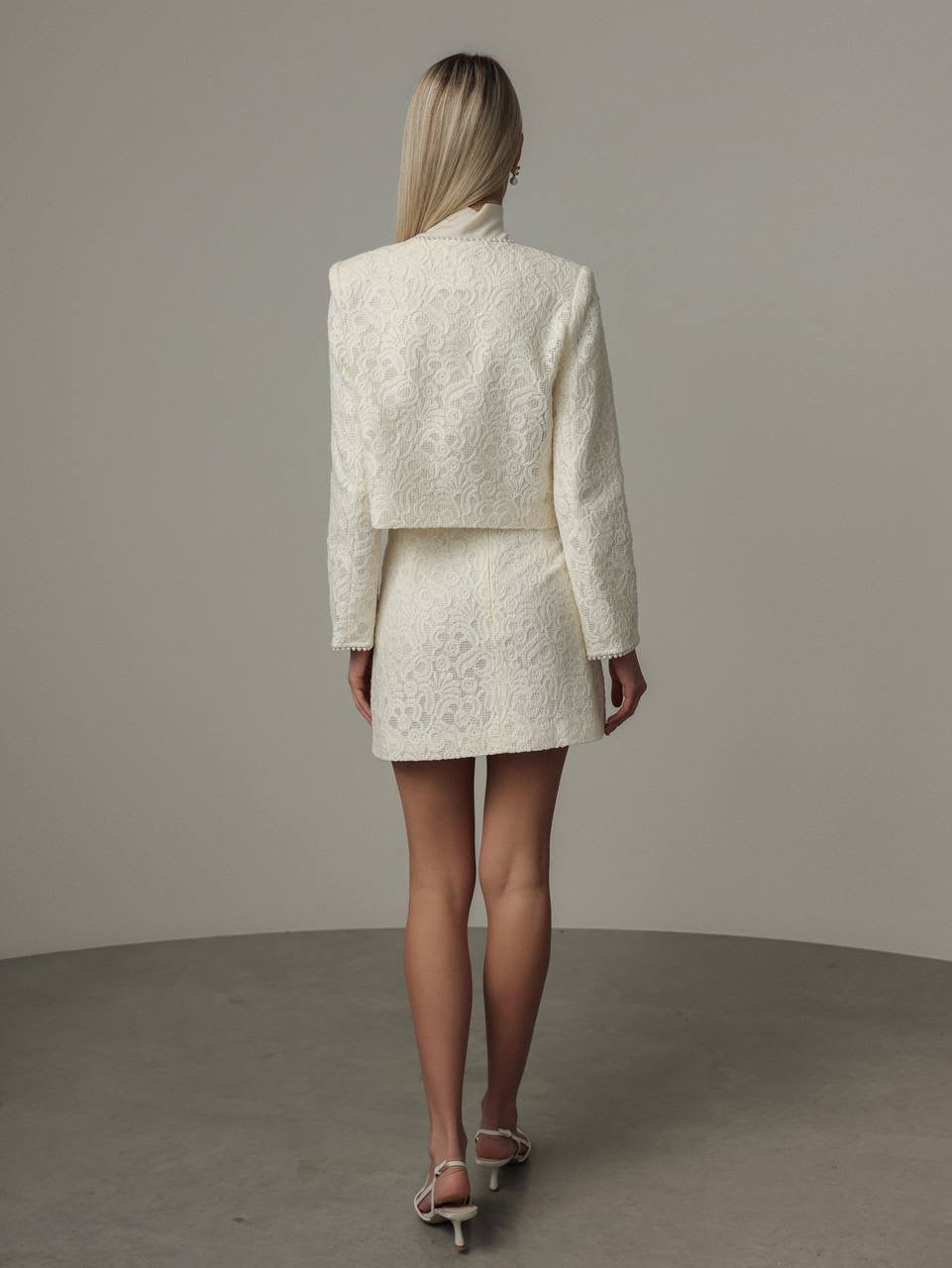 Pearl-Embellished Lace Jacket and Skirt Set