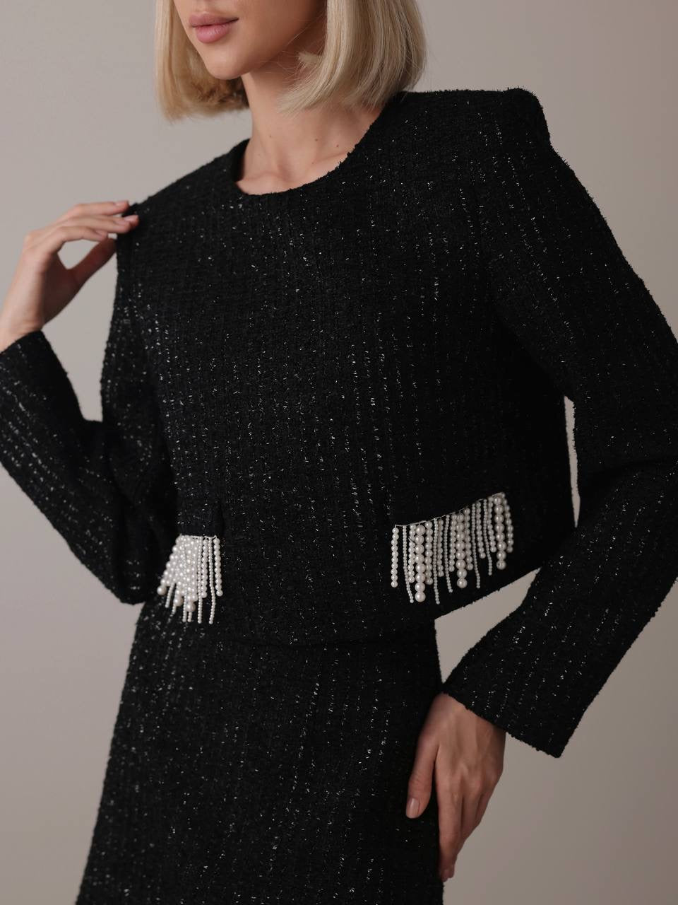 Black Tweed Set with Pearl Fringe