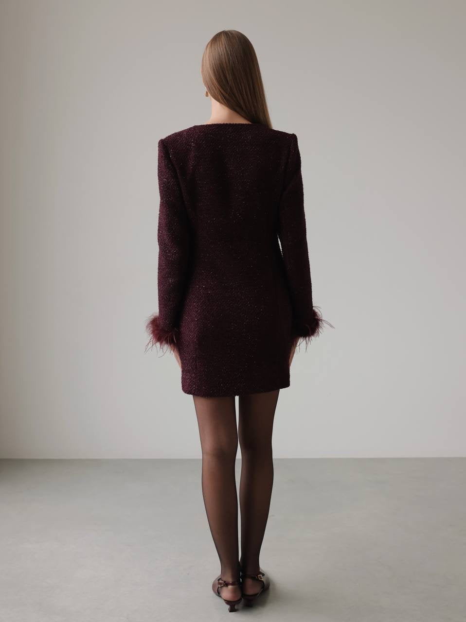 Glamorous Feather-Cuff Dress in Deep Burgundy