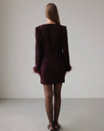 Glamorous Feather-Cuff Dress in Deep Burgundy