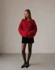 Chunky Red Knit Sweater with Gold Button Details