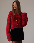 Chunky Red Knit Sweater with Gold Button Details