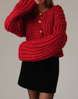 Chunky Red Knit Sweater with Gold Button Details