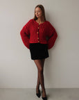 Chunky Red Knit Sweater with Gold Button Details