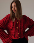 Chunky Red Knit Sweater with Gold Button Details