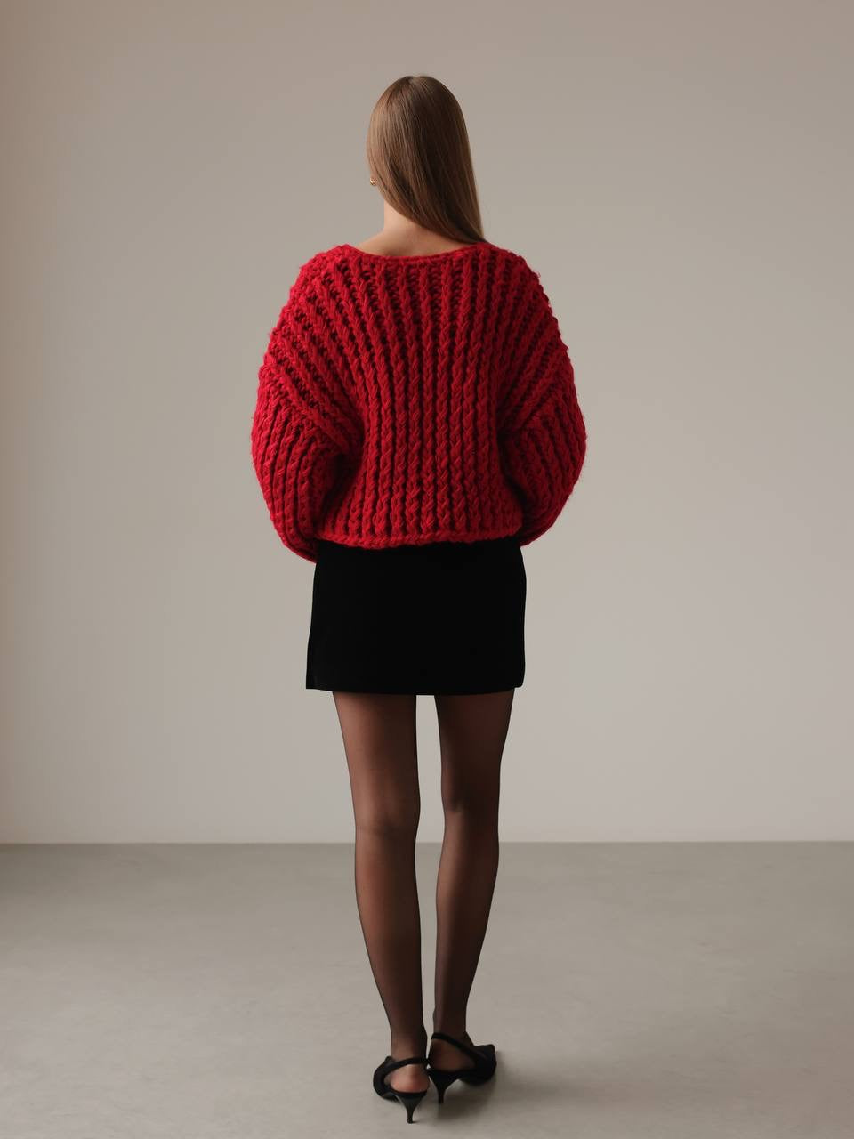 Chunky Red Knit Sweater with Gold Button Details