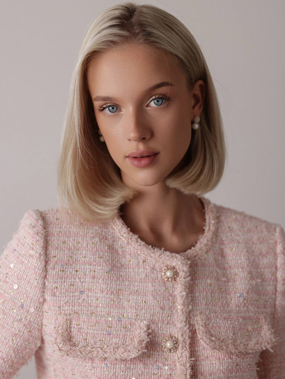 Elegant Pink Tweed Set with Sequin Details