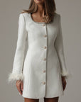 Elegant White Tweed Dress with Feather Cuffs