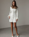 Elegant White Tweed Dress with Feather Cuffs