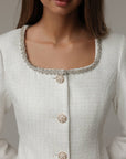 Elegant White Tweed Dress with Feather Cuffs