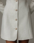 Elegant White Tweed Dress with Feather Cuffs