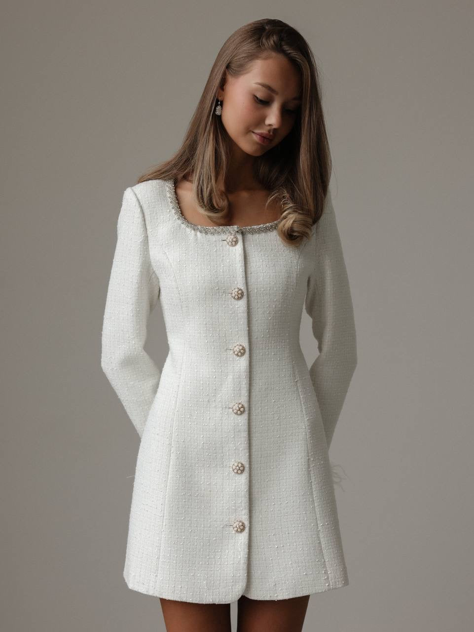 Elegant White Tweed Dress with Feather Cuffs