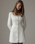 Elegant White Tweed Dress with Feather Cuffs