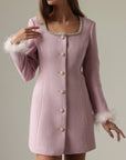 Elegant Pink Tweed Dress with Feather Cuffs