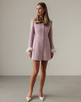 Elegant Pink Tweed Dress with Feather Cuffs