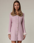 Elegant Pink Tweed Dress with Feather Cuffs