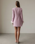 Elegant Pink Tweed Dress with Feather Cuffs