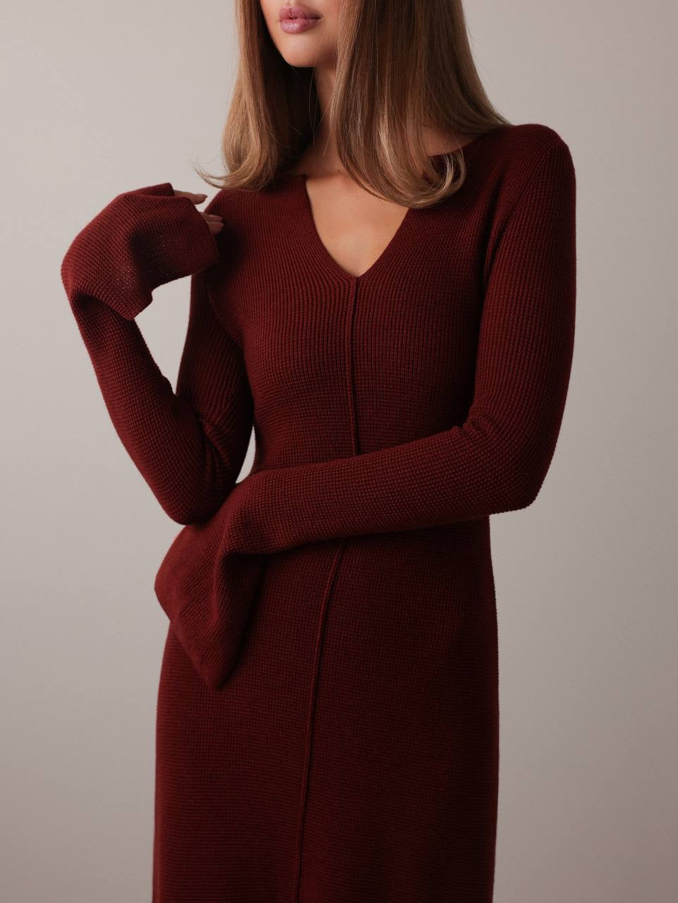 Chic Wine Red Knit Midi Dress