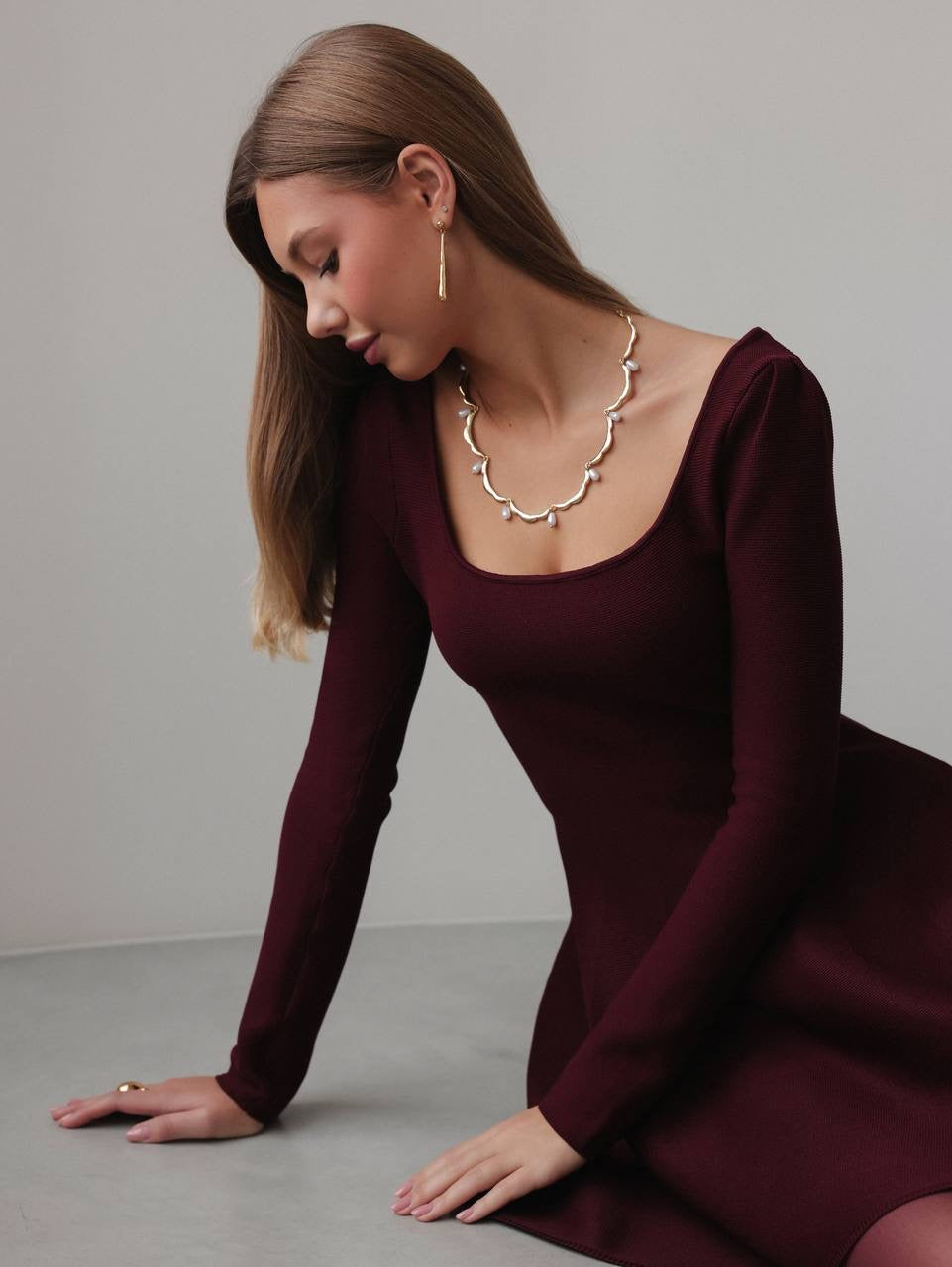 Elegant Burgundy Flared Knit Dress