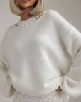 Pearl-Detail White Knit Sweater