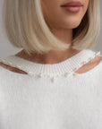 Pearl-Detail White Knit Sweater