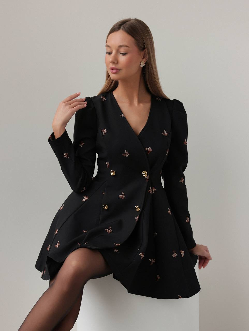 Butterfly Embroidered Black Mini Dress