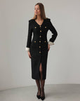 Elegant Black Tweed Midi Dress with Gold Buttons