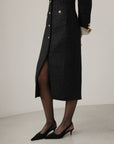 Elegant Black Tweed Midi Dress with Gold Buttons