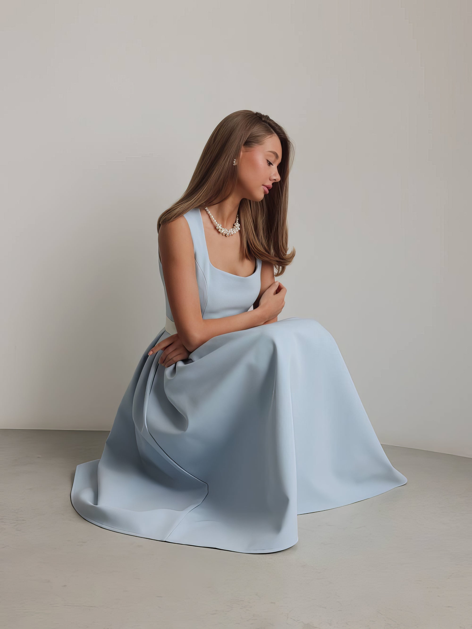 Baby‑Blue Belted Pleated Midi Dress