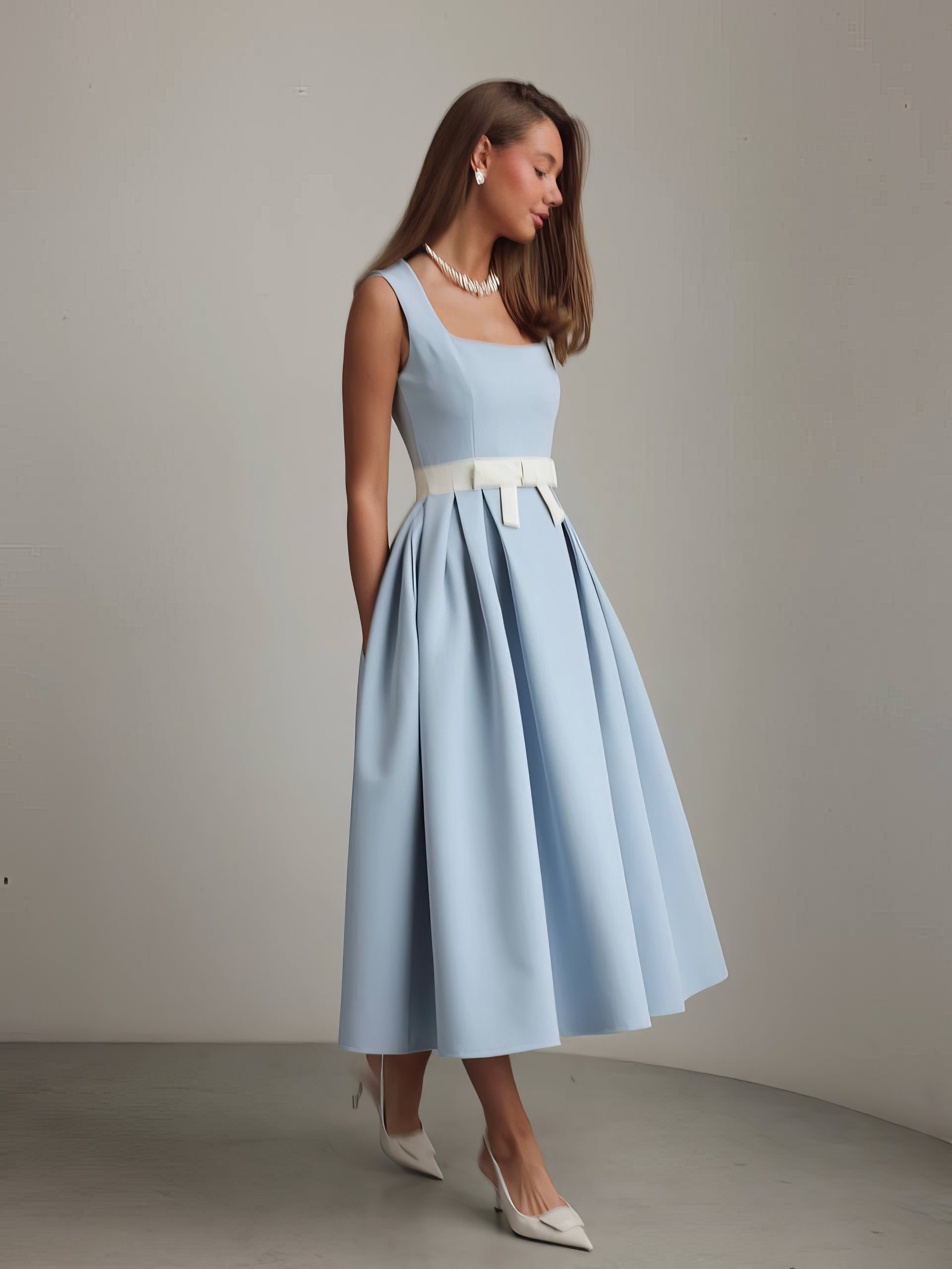 Baby‑Blue Belted Pleated Midi Dress