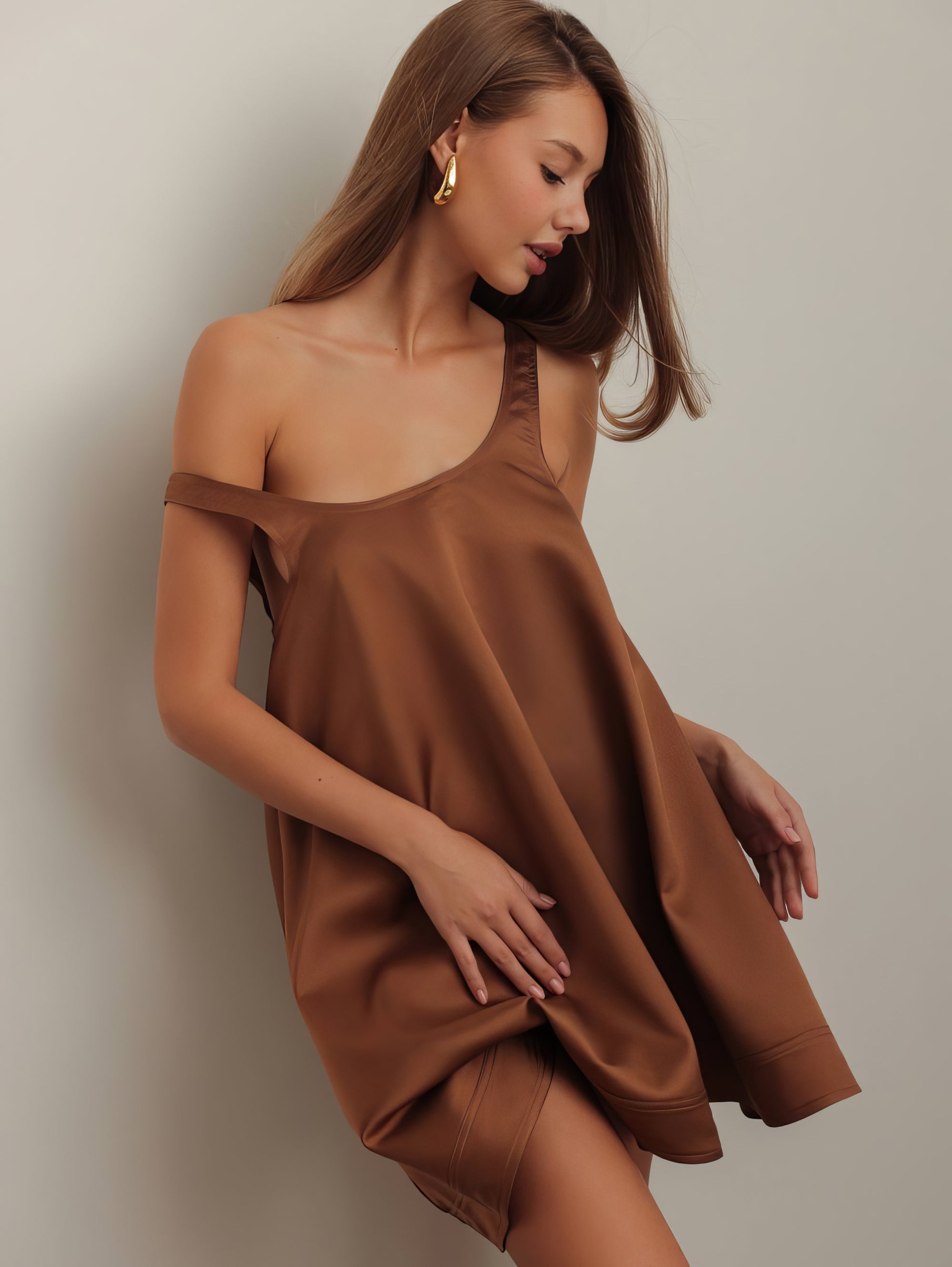 Caramel Satin Trapeze Dress