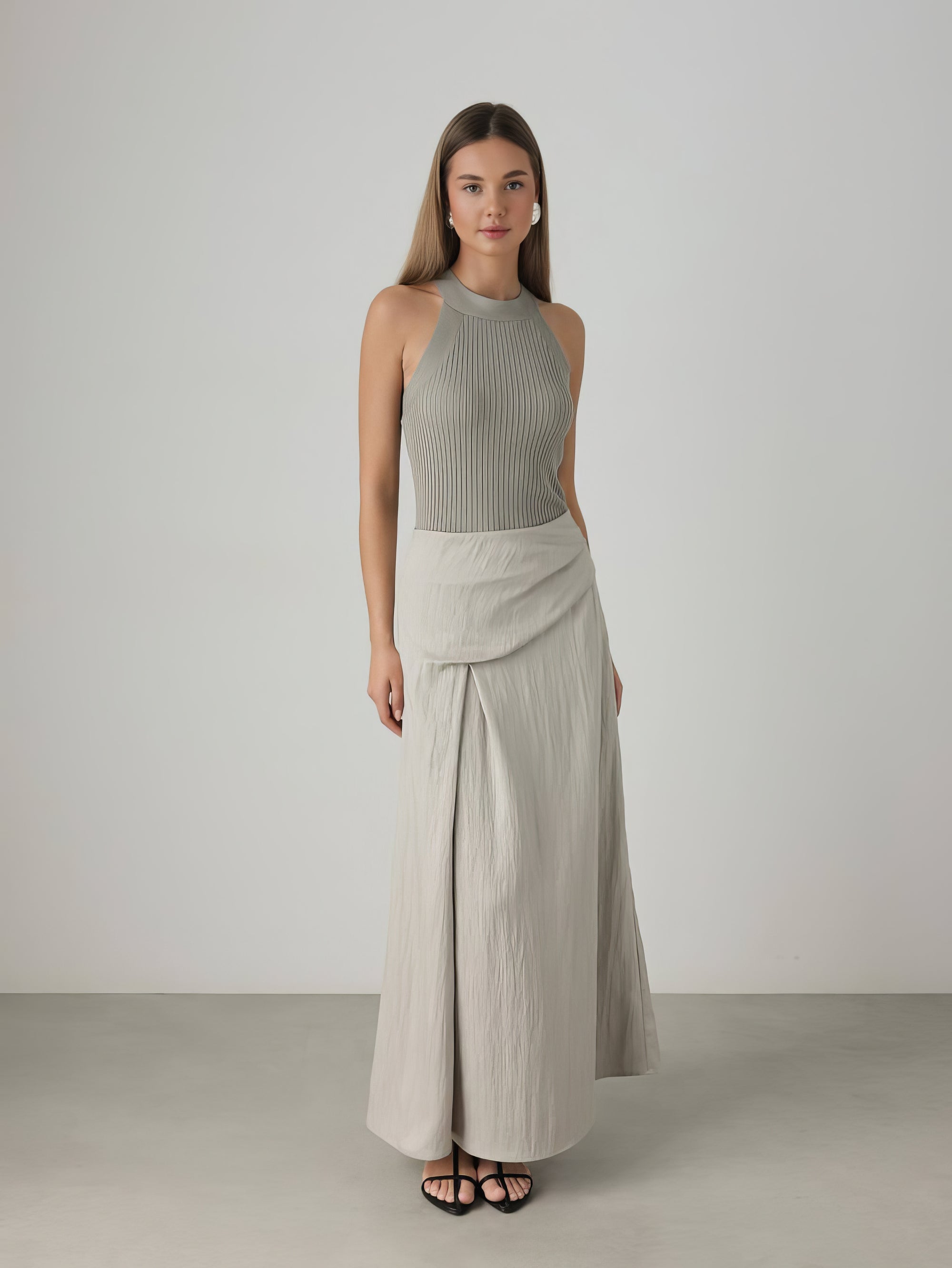 Asymmetric Cut Linen Blend Midi Skirt