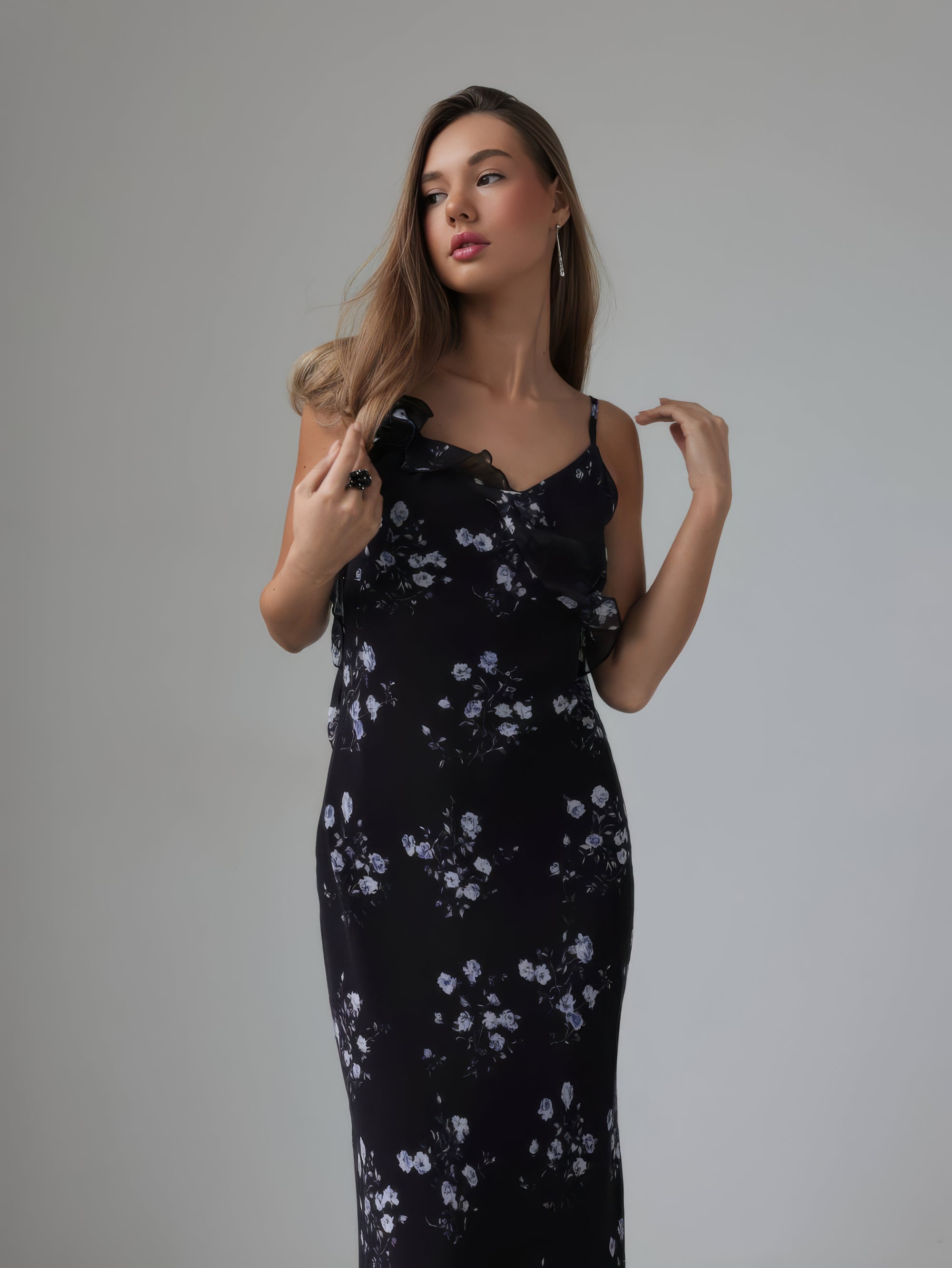 Romantic Floral Print Black Midi Dress