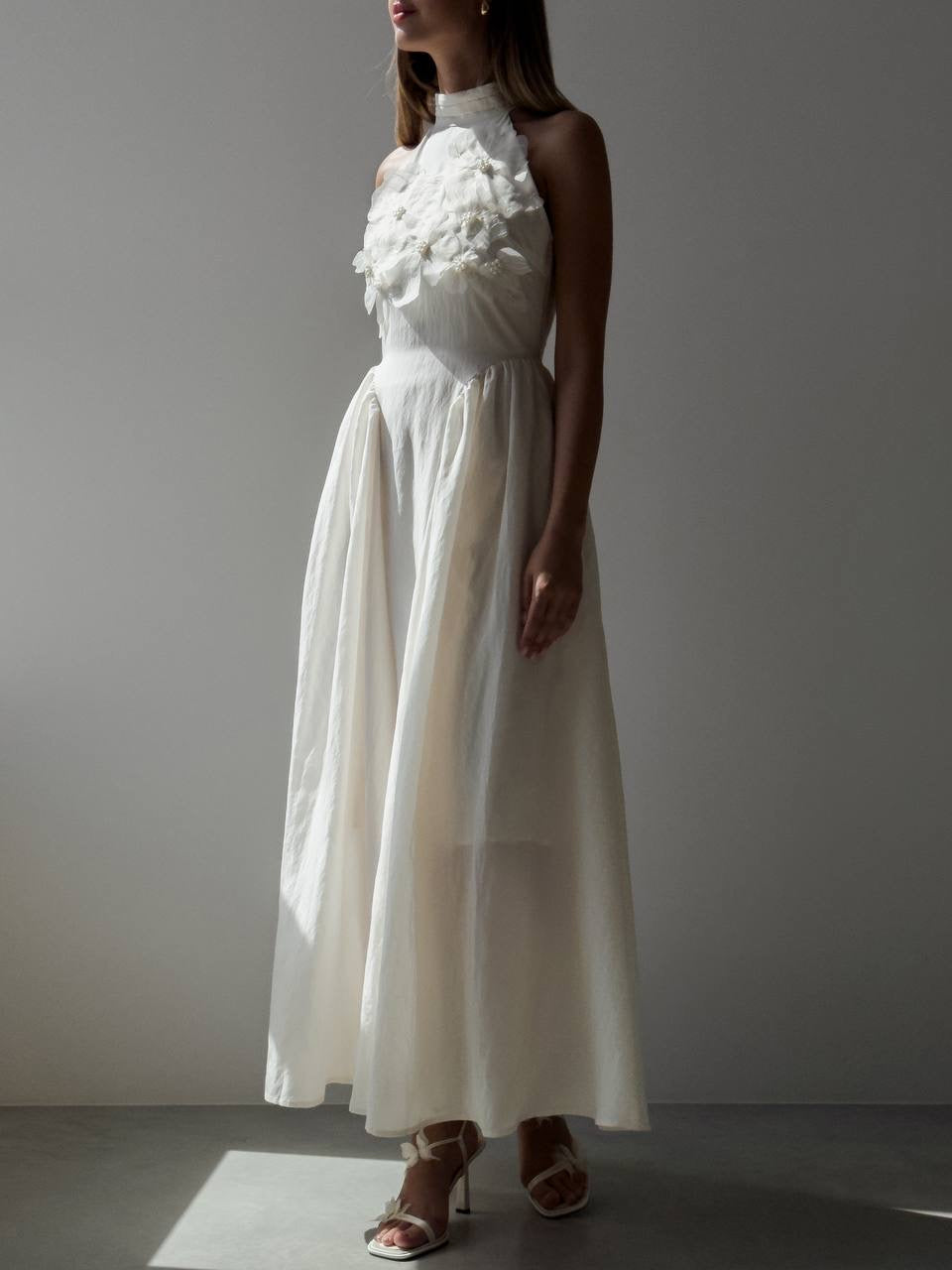 white halter dress with flowers Anabelle Halter Neck Midi Dress