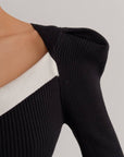 Black Ribbed Blouse with White Collar