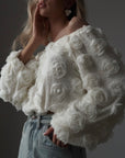 Romantic Rose-Appliqué Puff-Sleeved Blouse