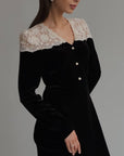 Elegant Black Velvet Maxi Dress with White Lace Detail.