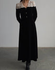 Elegant Black Velvet Maxi Dress with White Lace Detail.