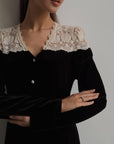 Elegant Black Velvet Maxi Dress with White Lace Detail.