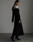 Elegant Black Velvet Maxi Dress with White Lace Detail.