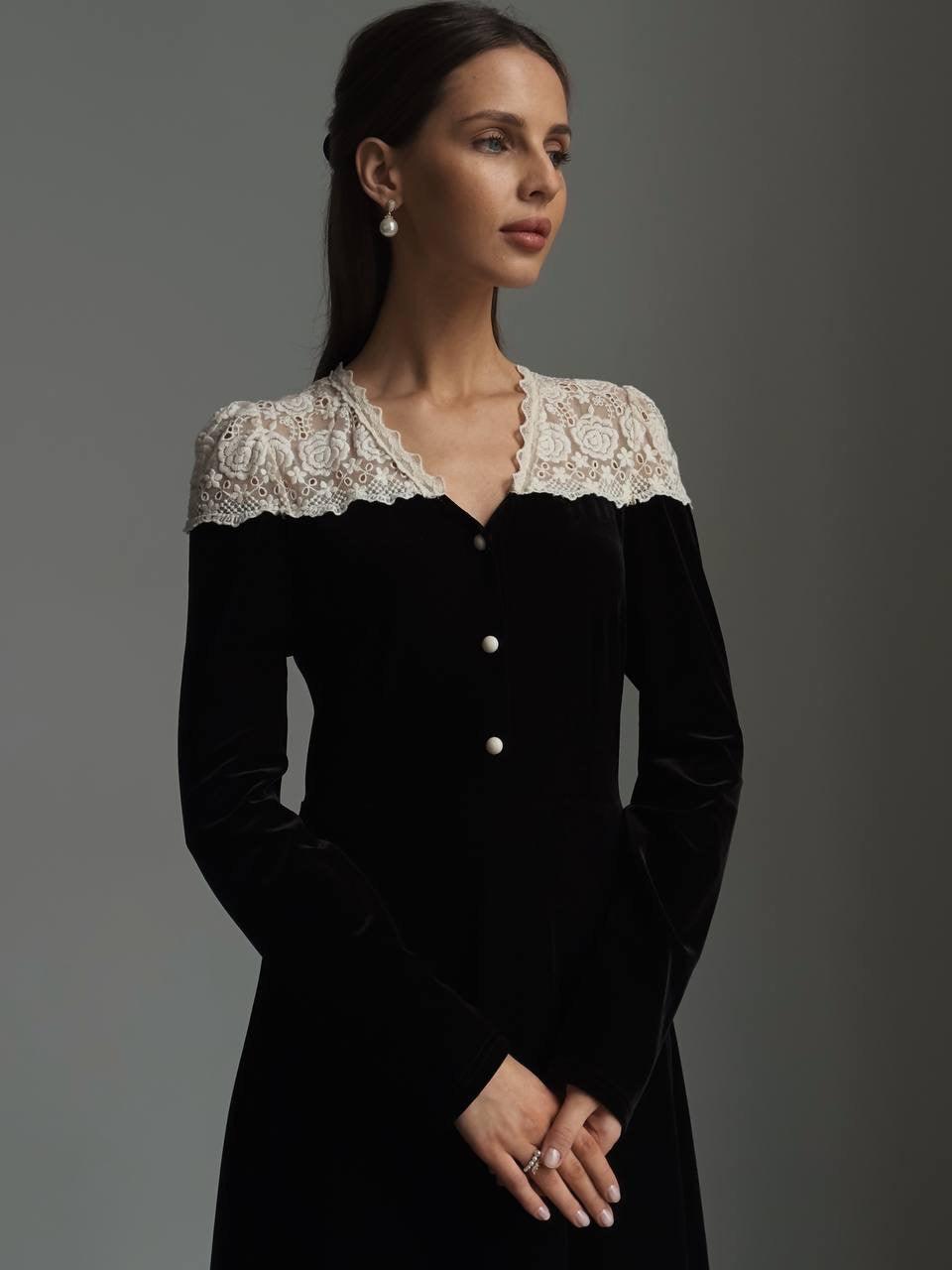 Elegant Black Velvet Maxi Dress with White Lace Detail.