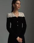 Elegant Black Velvet Maxi Dress with White Lace Detail.