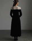 Elegant Black Velvet Maxi Dress with White Lace Detail.