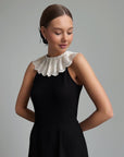 Elegant Black Midi Dress Special Design with Lace Collar.