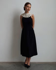 Elegant Black Midi Dress Special Design with Lace Collar.