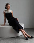 Elegant Black Midi Dress Special Design with Lace Collar.