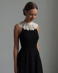 Elegant Black Midi Dress Special Design with Lace Collar.