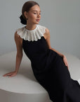 Elegant Black Midi Dress Special Design with Lace Collar.